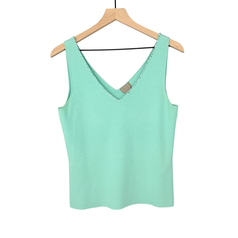 Sigrid Olsen Knit Tank Top Womens M Aqua Beaded V-Neck Resortwear‎ Artisan Beach